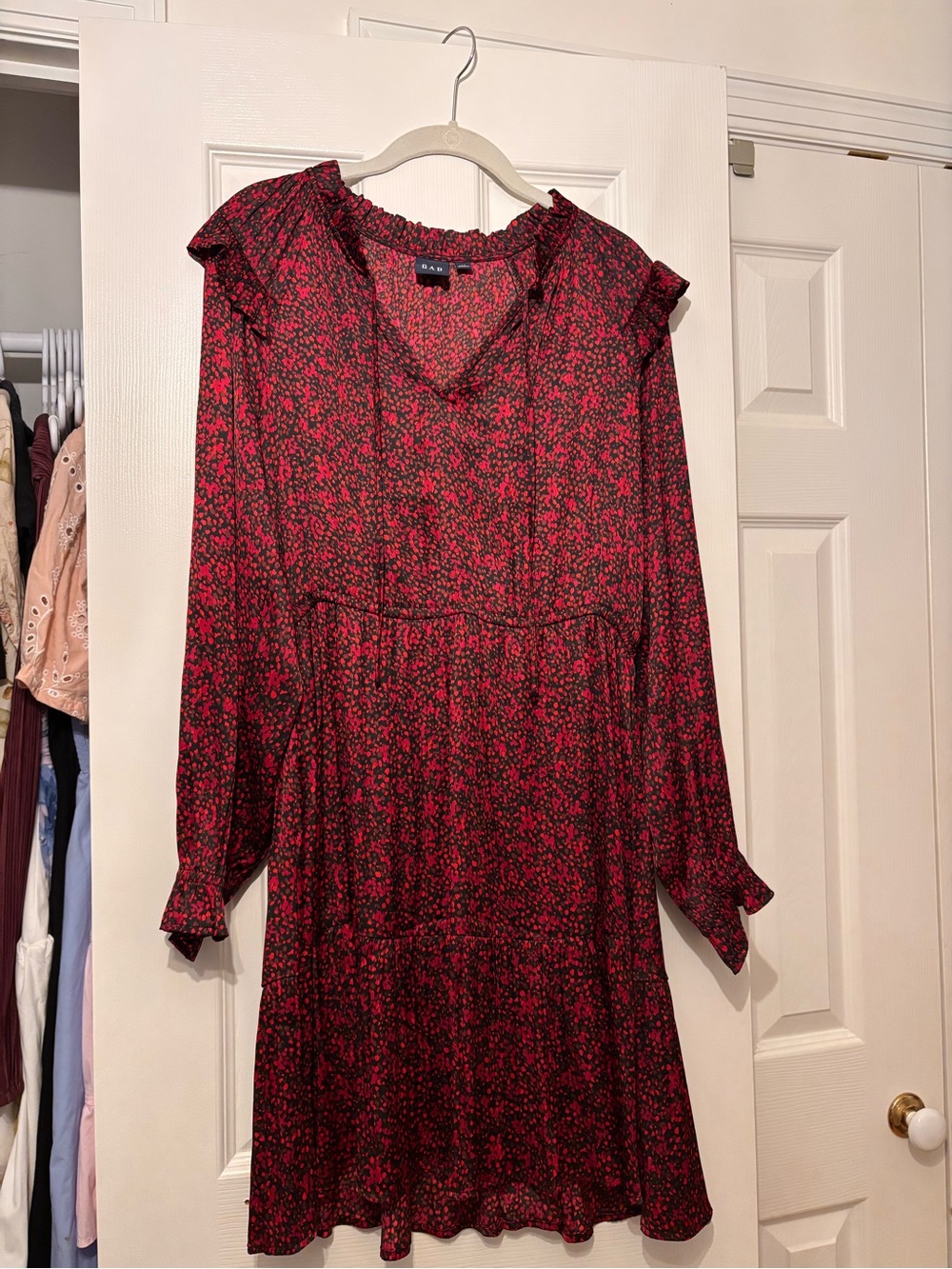 GAP Red and Black Floral Long-Sleeve Ruffle Dress